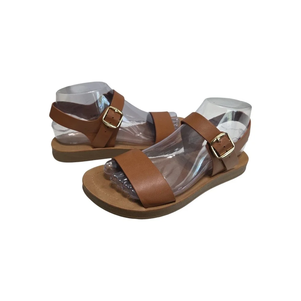 Solanz Plenty Womens‎ Tan Brown Ankle Strap Flat Sandals Size 7.5M
